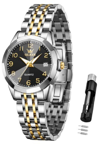 OLEVS Oro Argentato Orologio Donna Acciaio Nero Piccolo Quadrante Numeri Arabi Luminoso Orologi Sportivo Donna Data Impermeabile Watches for Womens Analogico Elegante Regalo per Donna