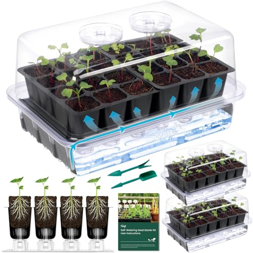 SOLIGT Self Watering Seed Starter Trays with Humidity Domes, Extra Thick Plastic Seed Starter kit for Seed Starting, Plant Germination & Seedling Growing, 3 Pack 72 Cells
