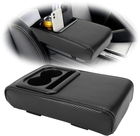 WODHMIEY Protection de boîte d'accoudoir de voiture, coussin d'accoudoir de voiture en cuir synthétique avec porte-gobelet, accoudoir universel pour voitures, SUV et camions, doux, Fibre de carbone.