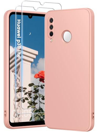 HuwaiH 3 in 1 Hülle für Huawei P30 lite, mit 2 Stück 9H 0.33mm Panzerglas, Upgraded Kameraschutz, Kratzfeste Stoßfeste Handyhülle für Huawei P30 lite(Rosa)