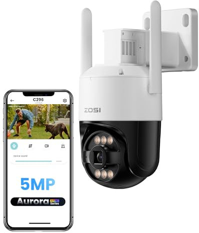 ZOSI AuroraLux 5MP Telecamera di Sorveglianza WiFi Senza Fili, Telecamera PT Vista a 360°, Rilevamento di Persona e Veicolo, Allarme Intelligente e Audio Bidirezionale, C296