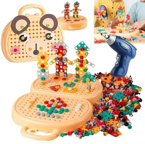 Kids Tool Set - 203PCS Magic Montessori Play Toolbox Bear with Electric Drill & Screw Tools, Creative Mosaic Puzzle Pretend Play Kit for Kids Ages 3-12 (Puppy)