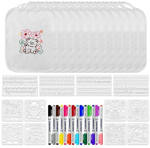 Vckrio 14 Stück Baby Lätzchen zum Bemalen Weiß Baumwolle Absorbierende Sabberlätzchen Kind Personalisiert Babylätzchen Wasserdicht mit 16 Malen Schablonen und 14 Textilstiften für Kleinkind Babyparty
