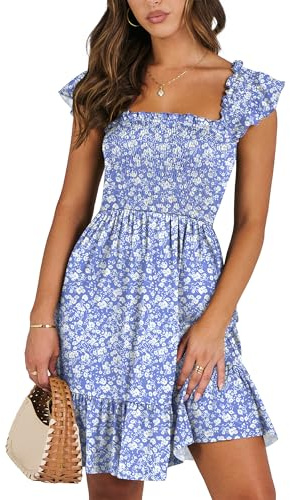 ANRABESS Women's Summer Casual Sleeveless Square Neck Dress 2026 Smocked Ruffle Backless Boho Beach Cute Teen Short Sundress Floral Blue White Small