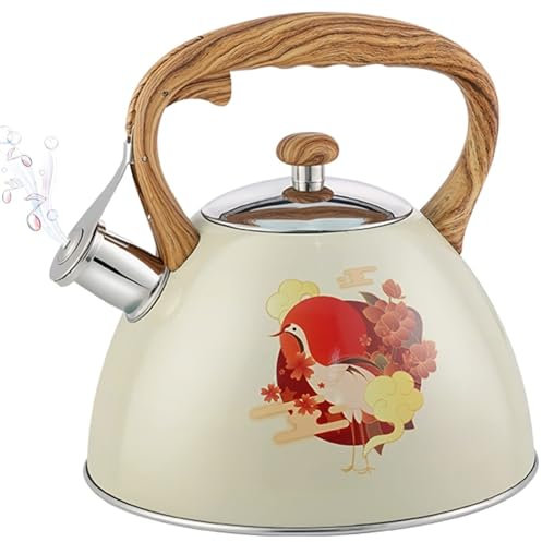 Bouilloire rétro avec poignée en bois, théière en acier inoxydable avec joli motif, sifflante, 3 L(Beige)