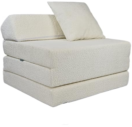 FORTISLINE Klappmatratze mit Kopfteil 200x70x10 cm - 3-teilige Faltmatratze als Gästebett und Reisematratze, Teddy-Stoff Bouclé, inkl. Kissen, waschbarer Bezug, Oeko-TEX Standard 100
