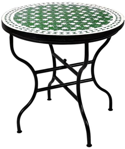 ORIGINAL Marokkanischer Mosaiktisch Gartentisch ø 80cm Groß rund klappbar | Runder klappbarer Mosaik Esstisch Mediterran | als Klapptisch für Balkon oder Garten | Estrella Grün Weiss