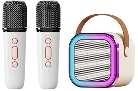 Qcwwy Macchina per Karaoke per Bambini Adulti Mini Karaoke Macchina per Bambini e Adulti Sistemi di Portatile per e Sistemi di Portatile con Luce Microfono Wireless (Bianco con 2 microfono)