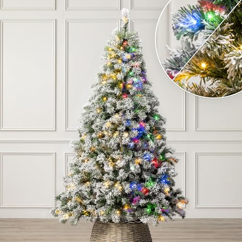 Christow Pre-Lit Flocked Chamonix Spruce Christmas Tree, 6ft | Dual-Colour LED Lights, Warm White to Multi-Colour, 11 Light Modes – Colour Changing, PE & PVC Tips, Mains Powered with Timer