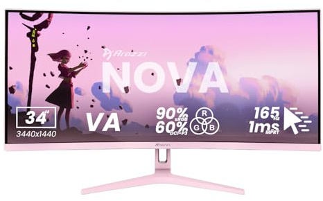 Arozzi Nova Écran Gamer Incurvé 34 Pouces 165Hz QHD Rose | Ultra Large QHD 1440p, Adaptive Sync, HDR10, sans scintillement, 90% sRGB, compatible PC & console
