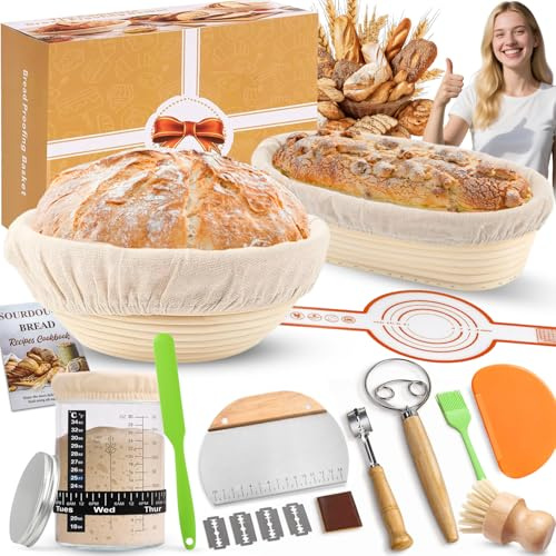 RIZENCE Komplettes Gärkörbchen Sauerteig Starter Set, 2 Gärkorb (25cm Ovale & 23cm Runde), 900ML Sauerteig Glas Set, Brotbackzubehör kit, Brot Backen Zubehör für Anfänger, Erfahrener Bäcker