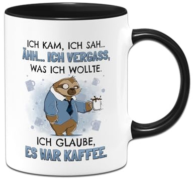 RatzFatz Faultier Tasse mit Spruch: Ich vergaß, was ich wollte Ich glaube, es war Kaffee - Bürotasse lustig als Geschenk für Kollegen, Kollegin - Kaffeetasse als Wichtelgeschenk (Schwarz)