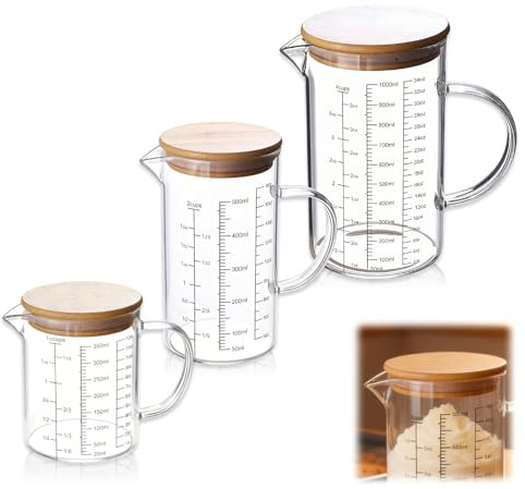 Juego de vasos medidores de cristal, 3 unidades, 350 ml, 500 ml, 1000 ml, resistente al calor, cristal de borosilicato, escala precisa, vaso medidor de cristal con boquilla, con tapa de bambú, ideal
