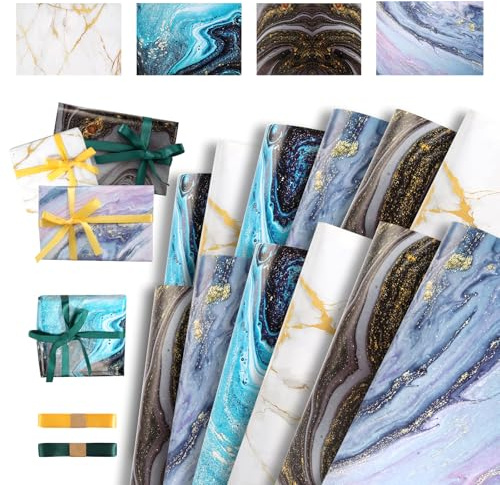 Gyism 12 Stück Geschenkpapier Geburtstag mit 2 Band 70x50 cm(4 Designs), Geschenkpapier Edel mit Sternenhimmel-Textur, Marmor-Designs, Marmor Weihnachtsgeschenkpapierrolle