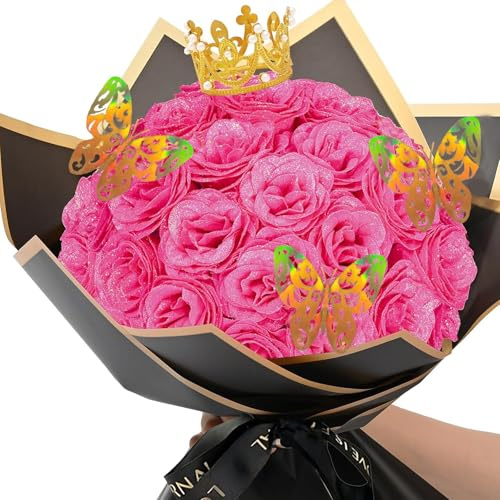 ZYEKIU 24 Pièces Bouquet de Fleurs Rose Artificielle Bouquet de Roses Artificielles à Paillettes Fleur Artificielle Réalistes à Faire Soi-même Les Mariages, Les Fiançailles, Les Anniversaires(Rose)