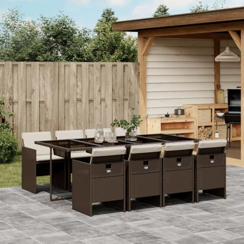 Tonture 9-TLG. Garten-Essgruppe mit Kissen Braun Poly Rattan, 220x106 cm Esstisch, wetterfestes Loungeset für Terrasse und Balkon, platzsparend