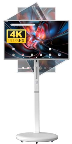 KVKID 32 Inch UHD 4K Smart Portable TV on Wheels, 8GB+128GB Storage, Android 15 OS, Rolling TV with Rotatable Touch Screen, Built-in Battery, Voice Remote, Full Rotation Mobile TV for Home, Outdoors