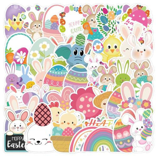 CATZUM 50 Pezzi Adesivi Pasquali Fai da Te, Stickers per il Giorno di Pasqua, Bastelset Ostern, a Forma di Coniglietto, Decorazione per Bambini, Moto, Biciclette, Valigia, Skateboard, Laptop