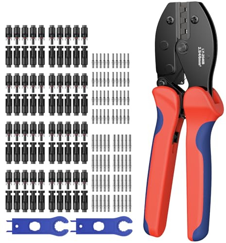 GETLITOOL Set Pinza Crimpatrice Solare per Cavi 2.5/4/6mm² con 40 Paia di Connettori Maschio/Femmina e Terminali, Pinza a Crimpare Spelafili FV 14-10 AWG da Pannello Fotovoltaico Professionale
