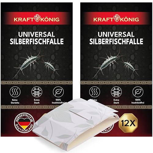 KRAFTKÖNIG Silberfischfalle 12x (2erPack) – Silberfische bekämpfen & Papierfische bekämpfen – Starke Klebefalle gegen Silberfische – Alternative zur Silberfisch Köderdose & Silberfisch Spray