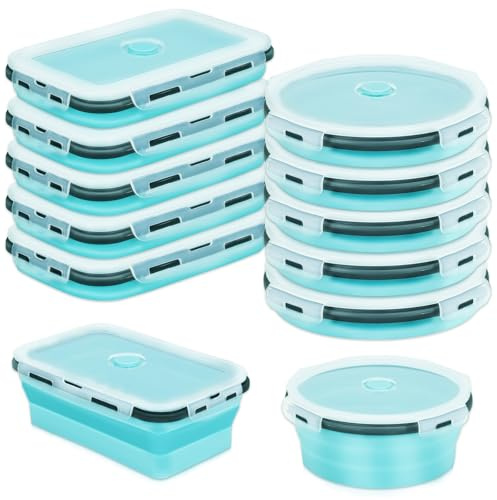 OJMHD 10 Stück Faltbare Frischhaltedosen mit Deckel, 1200 ml Silikon Brotdose für Camping, Tragbare Stapelbare Blaue Lunchbox Schüssel für Küche Reisen Schule Picknick Wohnmobil, Rechteckige & Runde