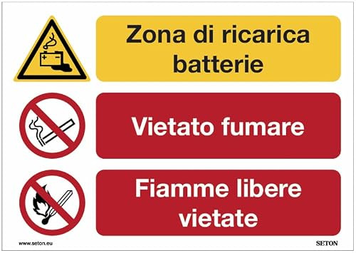 M-ITALY CARTELLO SEGNALETICO - Sala di carica delle batterie - divieto di fumare - divieto di fiamme libere - Adesivo Extra Resistente, Forex, Alluminio (Alluminio, 30x42 cm)