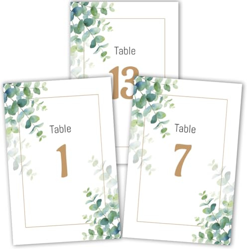 PRESSINART 26 Piezas de Números de Mesa Verdes 1-25 Tarjetas de Números de Mesa de Boda 6 x 4 Pulgadas Diseño de Eucalipto de Doble Cara En Papel para Mostrar los Asientos En la Recepción de la Boda