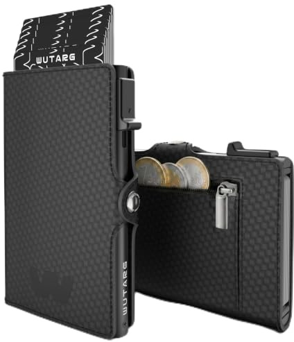 WUTARG Tarjetero Hombre con Monedero Cartera RFID Minimalista de Aluminio 6061 y Cuero PU Cremallera Pop Up para Billetes - Modelo Flex Carbon 8 Tarjetas 5 Monedas 10 × 6,5 cm 65 g