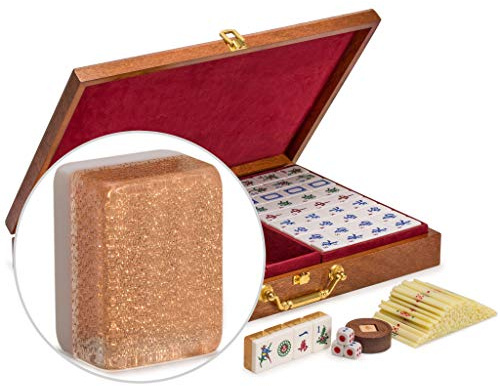 Yellow Mountain Imports Classic Chinese Mahjong Game Set, Champagne Gold - with 148 Medium Size Tiles and a Wooden Case - for Chinese Style Game Play
