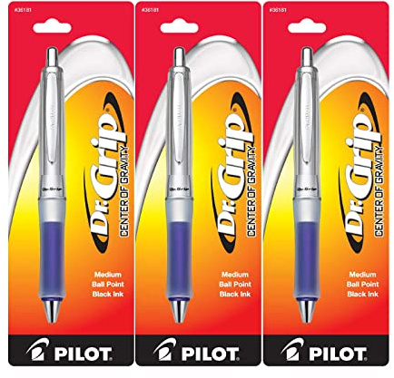 PILOT Dr. Grip Center of Gravity Retractable Ball Point Pen, Medium Point, Black Ink, Pack of 3 (Blue)