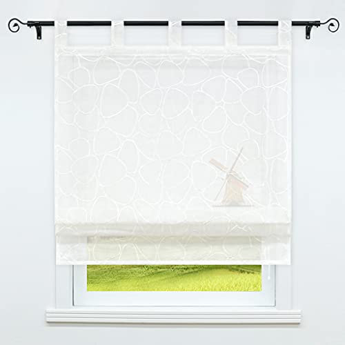 CORLIF Viole Raffrollo mit Schlaufen Transparente Raffrollo Leinenoptik Küchenvorhänge Schlaufenrollo Blinds Kreisestickereien Modern Weiß BxH 80x140cm 1 Stück