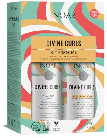 Set de cuidado del cabello Inoar Duo Divine Curls, champú y acondicionador 250 ml, 2 unidades, hidrata y define rizos, adecuado para el pelo rizado, uso una vez a la semana