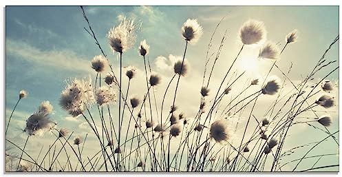 ARTland Wanddeko Glasbilder Wandbild Glas Bild einteilig 100x50 cm Querformat Natur Zauber Idyll Sonne Moor Pflanzen Gräser Blumen Wollgras T2GI