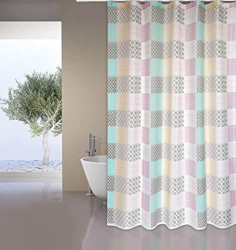 MSV Cotexsa by Premium Anti-Schimmel Textil Duschvorhang - Anti-Bakteriell, waschbar, 100% wasserdicht, mit 12 Duschvorhangringen - Polyester, „Ceramique“ weiß blau 180x200cm – Made in Spain