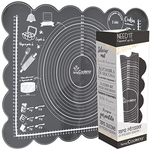 SCRAP COOKING - Tapis Pâtissier en Silicone Need’it - Grande Taille 60 x 43,5 cm - pour Préparation & Cuisson Four Pâtisserie - Souple, Antidérapant & avec Mesures - Gris Anthracite - 5254