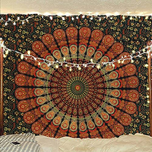 Bless International Indischer Hippie Bohemian Psychedelic Peacock Mandala Wandbehang Bettwäsche Tapisserie (Golden Green, Twin (137x182Inches) (140x185cms))