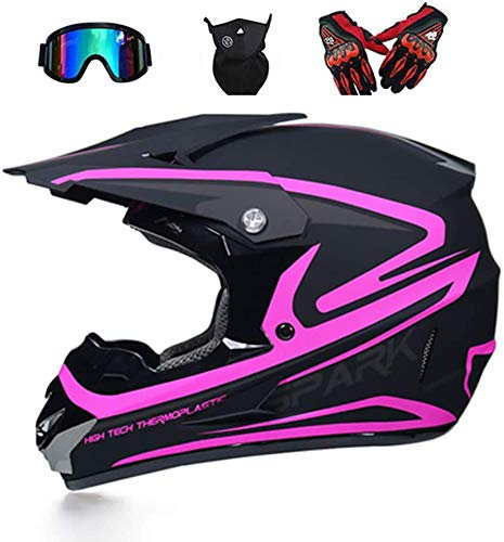 Casco di Motocross - Adulti Casco da Motociclista Set con Occhiali/Maschera/Guanti, Casco da Cross Motorcycle Sports DH Off-Road Enduro ATV MTB Quad Caschi Moto per Uomini Donne, Nero + Rosa,M