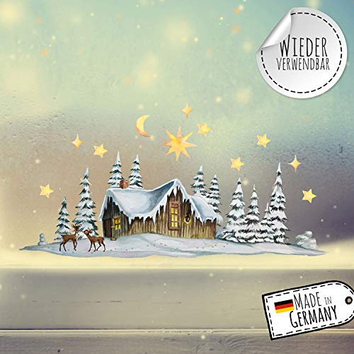 Fensterbild Weihnachtsdeko Winterhäuschen Rehe Sterne -wiederverwendbar- Fensterdeko Winter Fensterbilder Kinder Zimmer bf94 - ausgewählte Größe: *1. Winterhäuschen*