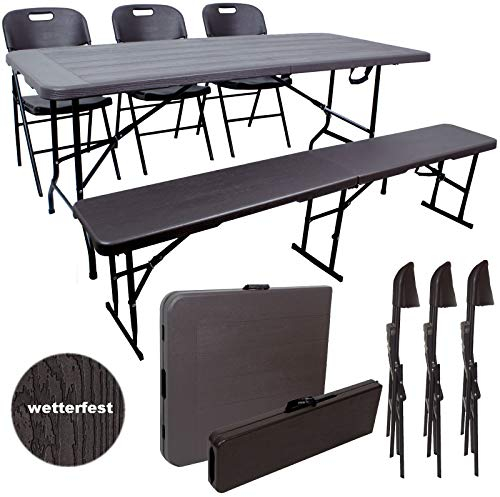 TRUTZHOLM BIERZELTGARNITUR graue Holzoptik Festzeltgarnitur 1 Tisch 1 Bank 3 Stühle 180x75cm klappbar Gartenmöbelset Campingbedarf Gartenparty Balkon Garnitur