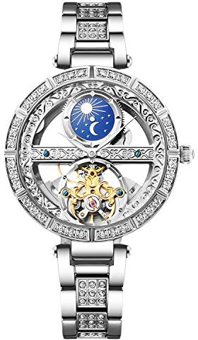 rorios Montre Automatique pour Femme - Montre mécanique Lumineuse avec Bracelet en Cuir - Montre Tendance étanche pour Femme, Argent A, Bracelet
