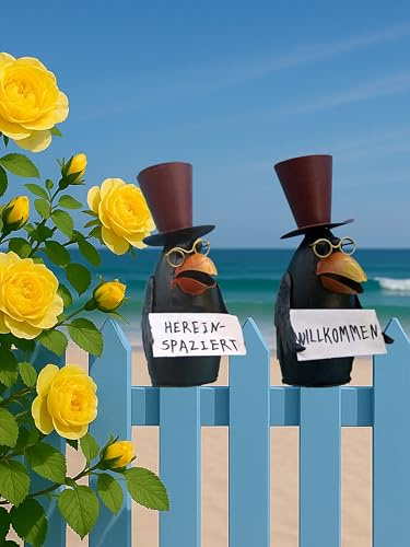 Pommerntraum ® | Zaunfigur Zaunhocker Pfostenhocker Dekofigur Gartendekoration Rabe Vogel Vögel mit Schild Willkommen und Hereinspaziert (Rabe 3 + 4 - SETPREIS)
