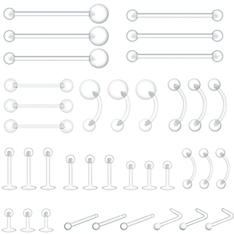 PiercingArt 36pcs Clear Piercing Retainers Bioflex Plastic Jewelry for Nipple Tongue Nose Septum Eyebrow Belly Earrings Tragus Helix Cartilage Industrial Lip Labret Rings Studs For Surgery Mri