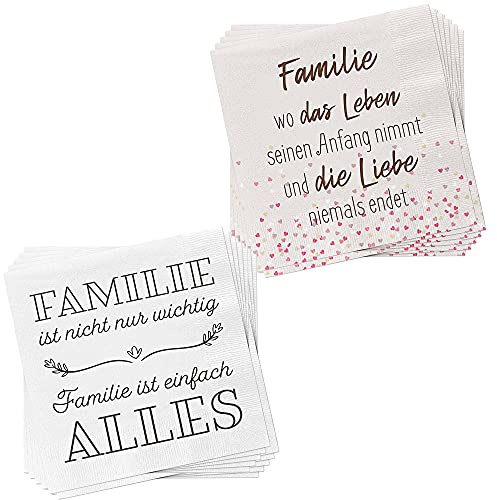 Servetter set om 40 │ 2 motiv talesätt ''familj'' │ 33 x 33 cm │tygliknande engångsartiklar duk partytillbehör (40 set servett ''familj'')