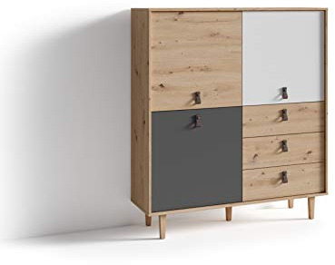 byLIVING Highboard Bill/Wohnzimmerschrank Artisan Eiche Optik Hellbraun/Schrank mit 3 Tür und 3 Schubkästen/Sideboard mit Fronten in weiß und grau/Schlaufen-Griffe/B 120, H 135, T 36,5 cm