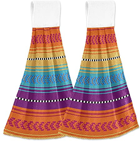 KOCOART Mexican Stripes Colorful Kitchen Towels Ethnic Ornament Indian Hanging Hand Towel for Bathroom with Loop Soft Absorbent Coral Velvet Fingertip Dish Tie Towel Oven Handle Towel Set of 2