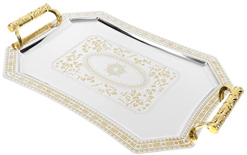 Bandeja para Servir Comida Vintage Rectangular de Metal Dorada - Decorativa con Asas para Mesa de Café, Postre, Té y Tocador - Pequeña