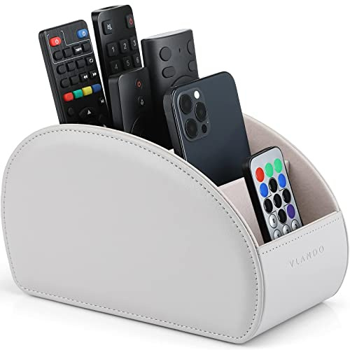 Vlando Fernbedienungshalter mit 5 Taschen, Große Halterung für TV, DVD,4K Stick und Bluray Fernbedienungen, Fernbedienung Aufbewahrung aus Leder für Stifte, Handy