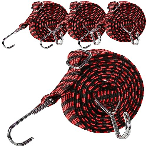 Bungee Cords with Hooks Adjustable - Elastic Heavy Duty Straps Rope Flat Bungee Straps for Bike Luggage Rack Camping Tent Car Roof Rack Fixings 4 Pack