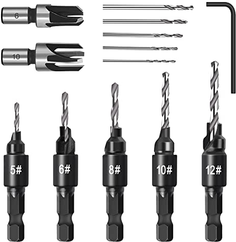 Senker Bohrer Set für Holzbearbeitung 7 tlg, Senkbohrung mit Zapfenbohrer, 1/4 Spiralbohrer mit Aufstecksenke, mit Inbusschlüsseln für Holzbearbeitung Projekt