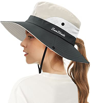 ECOMBOS Womens Sun Hats Wide Brim UV Protection Mesh Foldable Ponytail Bucket Fishing Hat Beach Cap for Fishing Hiking Gardening Outdoor Beige